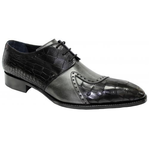 Duca Di Matiste "Valentano" Grey / Black Genuine Italian Calfskin / Crocodile Print Lace-Up Derby Shoes.